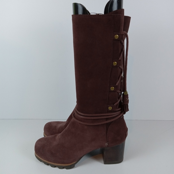 Sorel Farah Boots Womens 7 Burgundy Suede Leather Mid-Calf Casual Tassel Lace-up - Picture 4 of 9